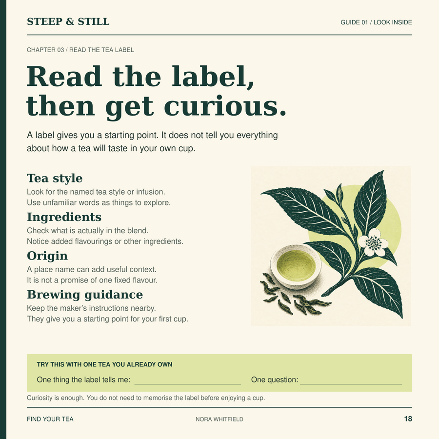 Sample interior page from Find Your Tea, about reading a tea label.