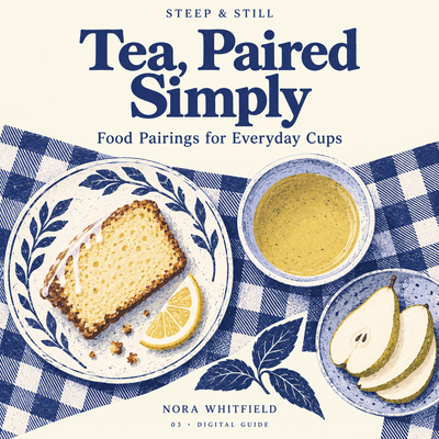 Illustrated indigo cover of Tea, Paired Simply, with an overhead table of tea, cake and a pear.